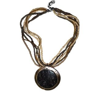Vintage Beaded Multi-Strand Necklace w Round Shell & Coconut Shell Pendant